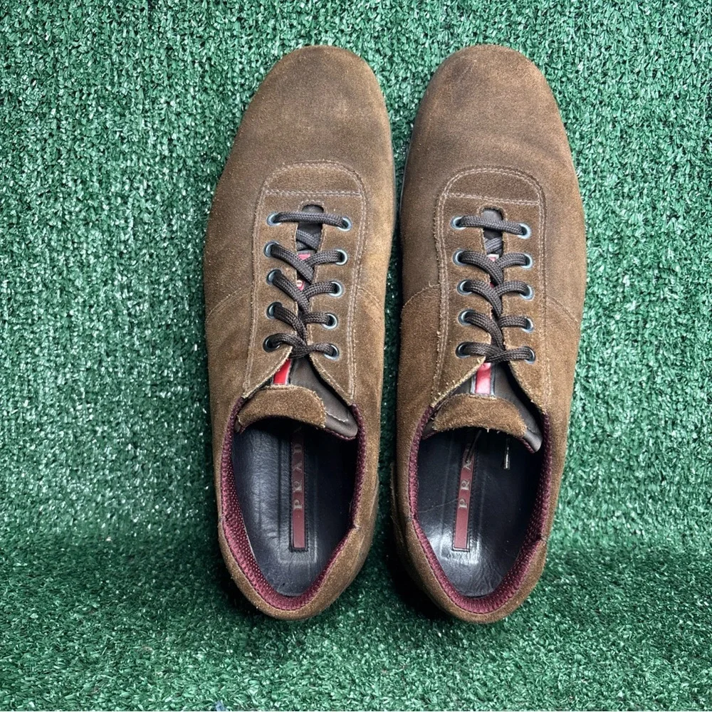 Prada 4E1252 Low Top Lace Up Sneakers Brown Suede Italy Mens Size US 10 - Picture 5 of 12